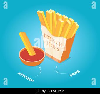 Franch fries in the yellow box with ketchup on blue background also with arrow pointers Fast food. Flat Vector Illustration Stock Vector