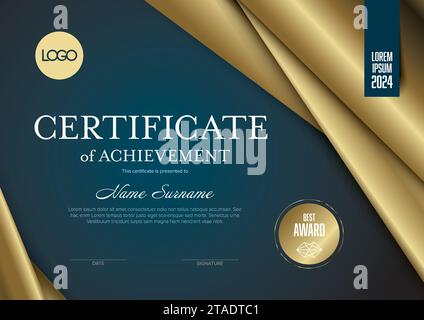 Modern dark blue and golden certificate of achievement template with place for your content - golden material stripse in the corners, premium luxury v Stock Vector