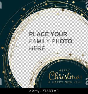 Circle dark blue window frame layout template with place for your photo. Simple winter layout template for your christmas card, social media post stat Stock Vector