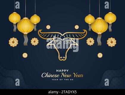 Chinese new year 2021 greeting banner or poster with golden ox and lantern on paper cut background Stock Vector