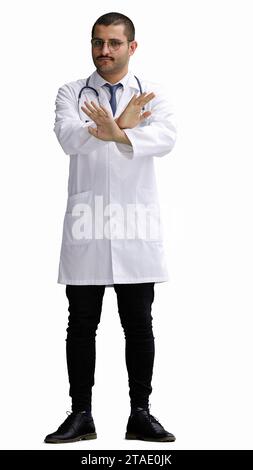 male doctor in a white coat on a white background shows a cancel sign Stock Photo