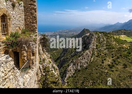 View from the Saint Hilarion Castle, Northern Cyprus over the Kyrenia mountains and town Stock Photo