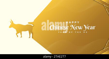 Happy Chinese New Year banner with golden ox on gold paper background. Chinese zodiac symbol. Lunar new year 2021 year of the ox Stock Vector