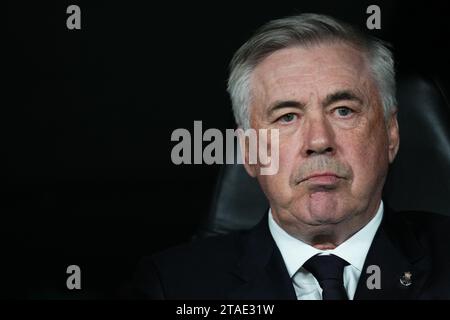 Madrid, Spain. 29th Nov, 2023. Real Madrid head coach Carlo Ancelotti during the UEFA Champions League match, Group C, between Real Madrid and SCC Napoli played at Santiago Bernabeu Stadium on November 29, 2023 in Madrid, Spain. (Photo by Bagu Blanco/PRESSINPHOTO) Credit: PRESSINPHOTO SPORTS AGENCY/Alamy Live News Stock Photo