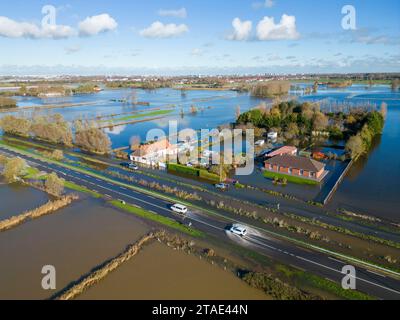France, Pas-de-Calais, Nielles les Calais, floods due to overflowing of waterworks in the municipalities of Calais (aerial view) Stock Photo