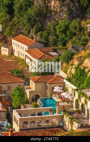 Albania, Vlora province, the old village of Dhermi built on a slope of the Ceraunian Mountains, luxury hotel Zoe Hora Stock Photo