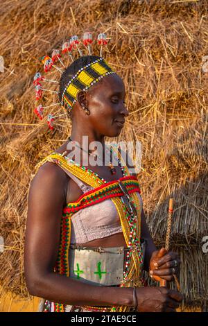 Senegal, eastern Senegal, Kédougou area, Dar Salam department, village of Ethiolo, woman of Bassari ethnic group with traditional clothes Stock Photo