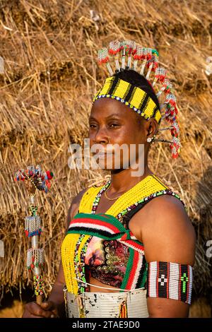 Senegal, eastern Senegal, Kédougou area, Dar Salam department, village of Ethiolo, woman of Bassari ethnic group with traditional clothes Stock Photo