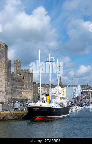 Historic ship 'Britain' moored for repairs in 2023 at Caernarfon, Gwynedd, North Wales Stock Photo