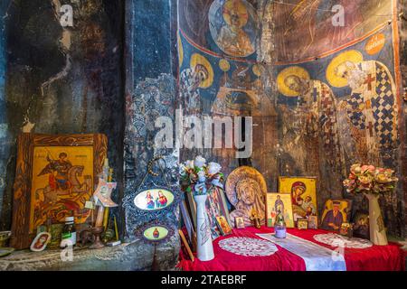 Albania, surroundings of Korce, Mborje, the Orthodox Church of the Resurrection of Christ founded in the 9th century, one of the oldest churches in the Balkans, 14th century frescoes Stock Photo