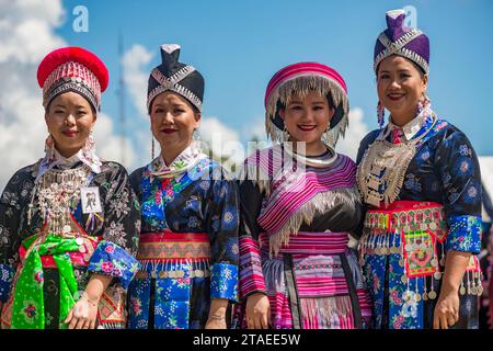 France, Guyana, Cacao (village), H'Mông New Year ceremony in traditional Guyanese dress, borrowing and combining symbols from South-East Asia and China to create new aesthetic codes Stock Photo