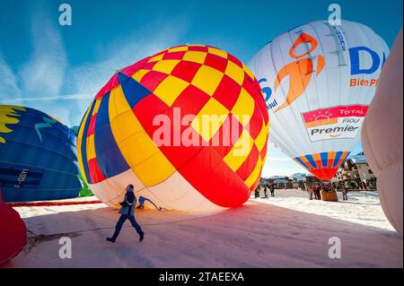 France, Savoie, Val d'Arly, Praz sur Arly, gathering of hot air balloons called the montgolfiades, inflation of the balloons Stock Photo