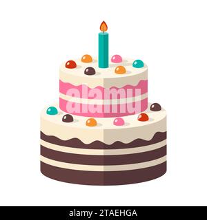 Cute birthday cake icon with candle. Traditional festive dessert for a party or celebration. Sweet dessert food. Vector illustration. Stock Vector