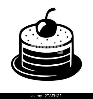 Cake dessert with cherry black icon, sweet food. Simple delicious symbol. Sweet birthday cake, Bakery cupcake isolated on white. Vector illustration. Stock Vector