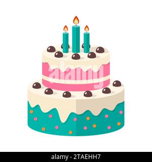 Cute birthday cake icon with candles. Traditional festive dessert for a party or celebration. Sweet dessert food. Vector illustration. Stock Vector