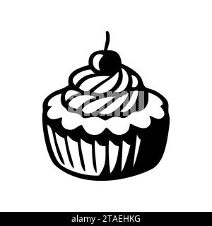 Cupcake dessert black icon, sweet food. Simple delicious symbol. Sweet birthday cake, Bakery cake isolated on white. Vector illustration. Stock Vector