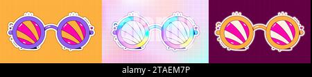 Set Groovy halftone sunglasses. Bright psychedelic stickers in different color.  Stock Vector