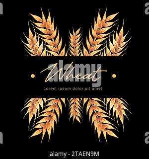 Ears of wheat label on black background. Watercolor hand drawn illustration, isolated on white background. Bakery design, flyers, menus, Stock Vector