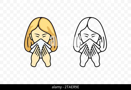 Sick girl or child blowing her nose or sneezing into handkerchief, graphic design. Disease, illness, sickness, virus and treatment, vector design Stock Vector