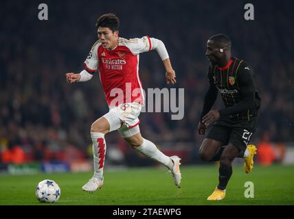 London, UK. 29th Nov, 2023 - Arsenal v RC Lens - Champions League - Emirates Stadium. Arsenal's Takehiro Tomiyasu during the Champions League match against Lens. Picture Credit: Mark Pain / Alamy Live News Stock Photo