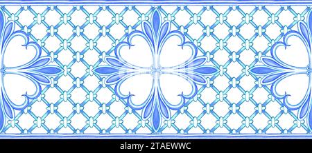 Horizontal seamless ceramic traditional tiles. Italian retro pattern in blue colors. Spanish azulejo and Sicilian majolica watercolor border. Stock Photo