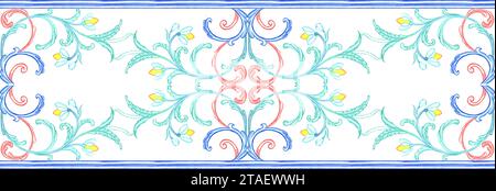 Horizontal seamless ceramic traditional tiles. Italian retro pattern in delicate colors. Spanish azulejo and Sicilian majolica watercolor border.Endle Stock Photo