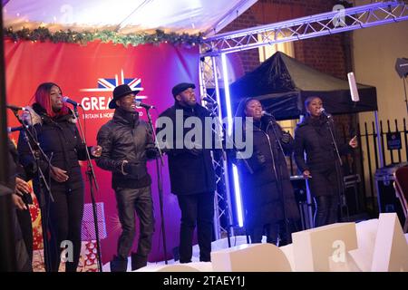 London, UK. 30th Nov, 2023. Downing Street Festive Showcase and Christmas market with Rishi Sunak, Prime Minister  London Community Gospel Choir Credit: Ian Davidson/Alamy Live News Stock Photo