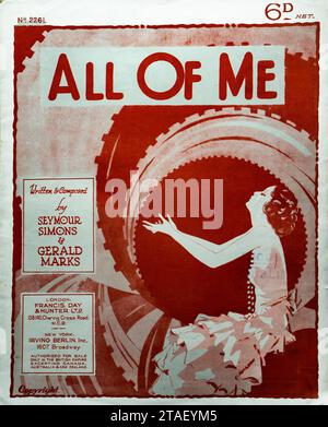 Vintage Art Deco Music Sheet - 'All Of Me’- Stylised 1930s music sheet cover with art deco elements. Stock Photo