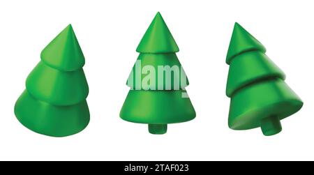 Set 3d green Christmas tree . Glossy New year and xmas abstract tree shapes. Stock Vector