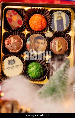 Downing Street, London, UK. 30th November 2023.  A box of Downing Street themed handmade artisan chocolates by Mocha at the Christmas Market in Downing Street. Photo by Amanda Rose/Alamy Live News Stock Photo