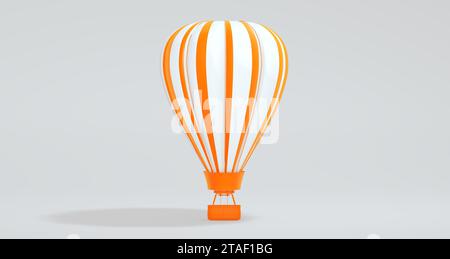 Orange Hot Air Balloon with Stripes on a Soft Gray Studio Background. Front View. Minimal Concept. 3D Render. Stock Photo