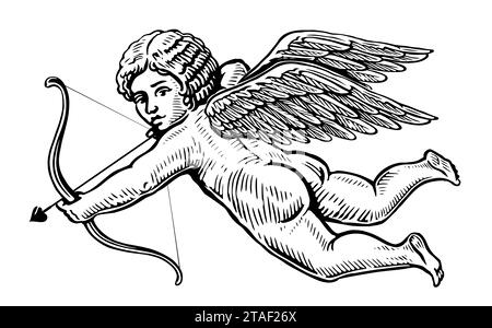 Flying Angel aims an arrow from a bow, hand drawn. God of love, mythological character with wings Stock Photo