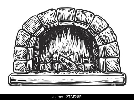 Oven for cooking and baking. Burning wood, firewood in a stone fireplace. Vector illustration Stock Vector