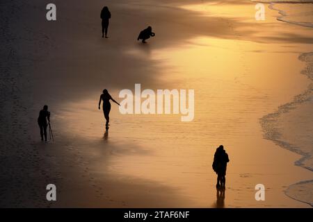 People on sandy beach in the golden light of the sunset Stock Photo