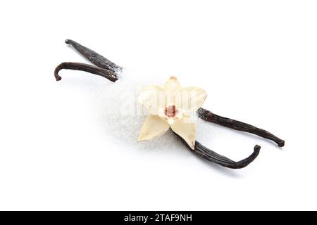 Heap of vanilla sugar, flower and sticks on white background Stock Photo
