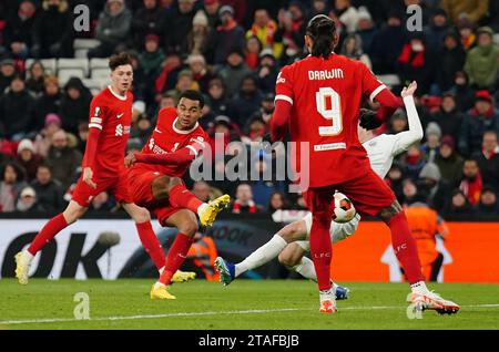 Liverpool's Cody Gakpo scores their side's fourth goal of the game during the UEFA Europa League Group E match at Anfield, Liverpool. Picture date: Thursday November 30, 2023. Stock Photo