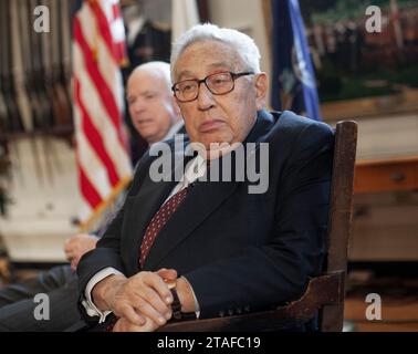 Boston, Massachusetts, USA  December 19 ,2007 Former Secretary of State and former National Security Advisor Dr. Henry A. Kissinger and Nobel Peace Prize recipient  with former Senator John McCain (R-AZ) at the Ancient and Honorable Artillery Company Armory Faneuil Hall in Boston on December 19, 2007.  Kissinger passed on November 29, 2023 at age 11 at his Connecticut home.  (Rick Friedman ) Stock Photo