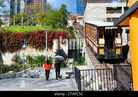 The historic and landmark Angels Flight funicular, seen in the Bunker Hill district in downtown Los Angeles, California. Stock Photo