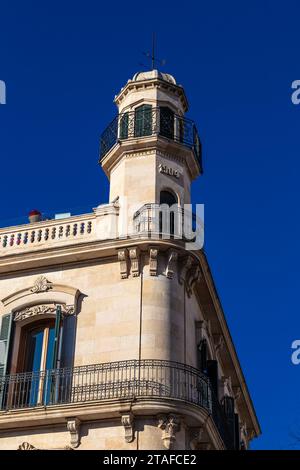 Early 20th century facade of Hotel Hostal Cuba in the Santa Catalina neighbourhood of Palma, Mallorca, Spain Stock Photo