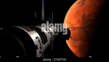 Spaceship arriving at planet Mars, space mission to the red planet. 3d science fiction. Stock Photo