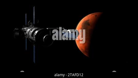 Spaceship arriving at planet Mars, space mission to the red planet. 3d science fiction. Stock Photo