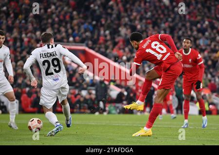 Liverpool, UK. 30th Nov, 2023. Cody Gakpo of Liverpool has a shot on goal during the UEFA Europa League match at Anfield, Liverpool. Picture credit should read: Gary Oakley/Sportimage Credit: Sportimage Ltd/Alamy Live News Stock Photo