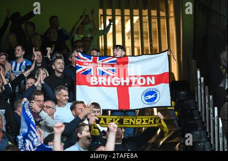 Athens, Greece. 30th Nov, 2023. English supporters are having fun during the UEFA Europa League, Group B match between AEK FC and Brighton & Hove Albion at Opap Arena on November 30, 2023, in Athens, Greece. Credit: Independent Photo Agency/Alamy Live News Stock Photo