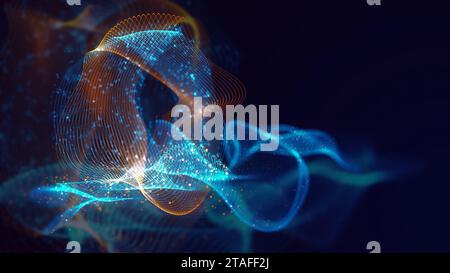 3D rendering of abstract structure of intertwined dots. Bright colored technological background made of luminous threads and surfaces on a dark backgr Stock Photo