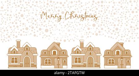 Gingerbread house a winter holiday card template. Houses under the snow. Poster web design Vector illustration. Stock Vector