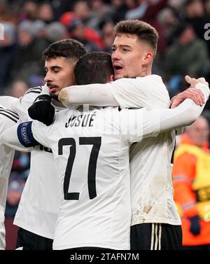 Birmingham, UK. 30th Nov, 2023. Ernest Muci of Legia Warsaw (R) celebrates after scoring during the UEFA Europa Conference League match at Villa Park, Birmingham. Picture credit should read: Andrew Yates/Sportimage Credit: Sportimage Ltd/Alamy Live News Stock Photo