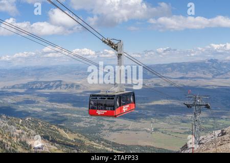 September 13, 2023: Jackson, Wyoming: The Jackson Hole Ski Resort gondola aerial tram takes visitors up the mountain. Stock Photo