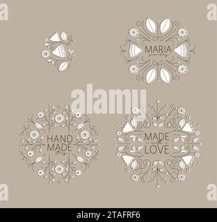 Ethnic floral labels with lettering drawing in linear style on beige background Stock Vector