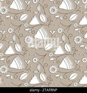 Ethnic floral and bird pattern drawing in linear style on beige background Stock Vector