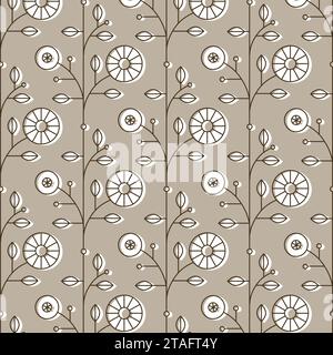 Ethnic floral pattern drawing in linear style on beige background Stock Vector